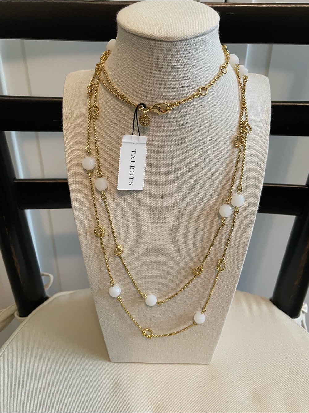 Talbots Gold Multi-Strand Necklace with White Beads